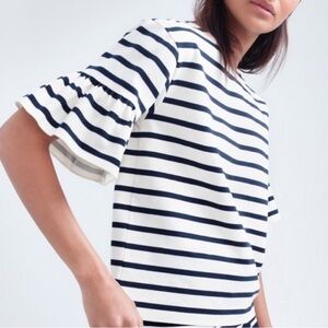 J. Crew Ruffle Sleeves Top Black Cream Stripes Short Sleeves Cotton Large French